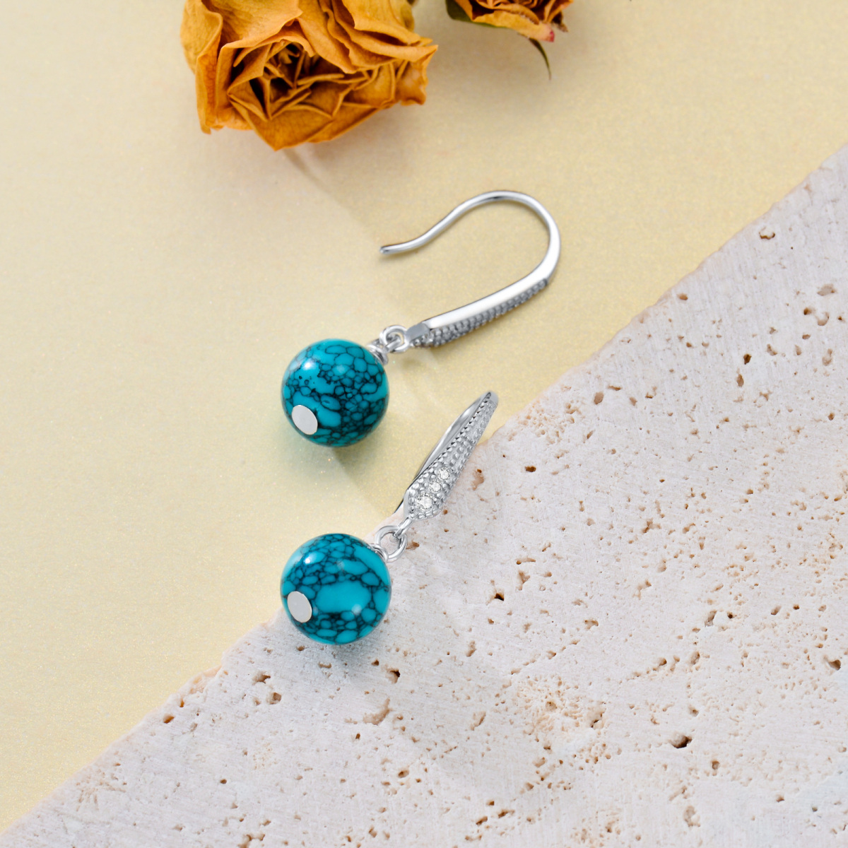 Sterling Silver Round Turquoise Drop Earrings For Women-3