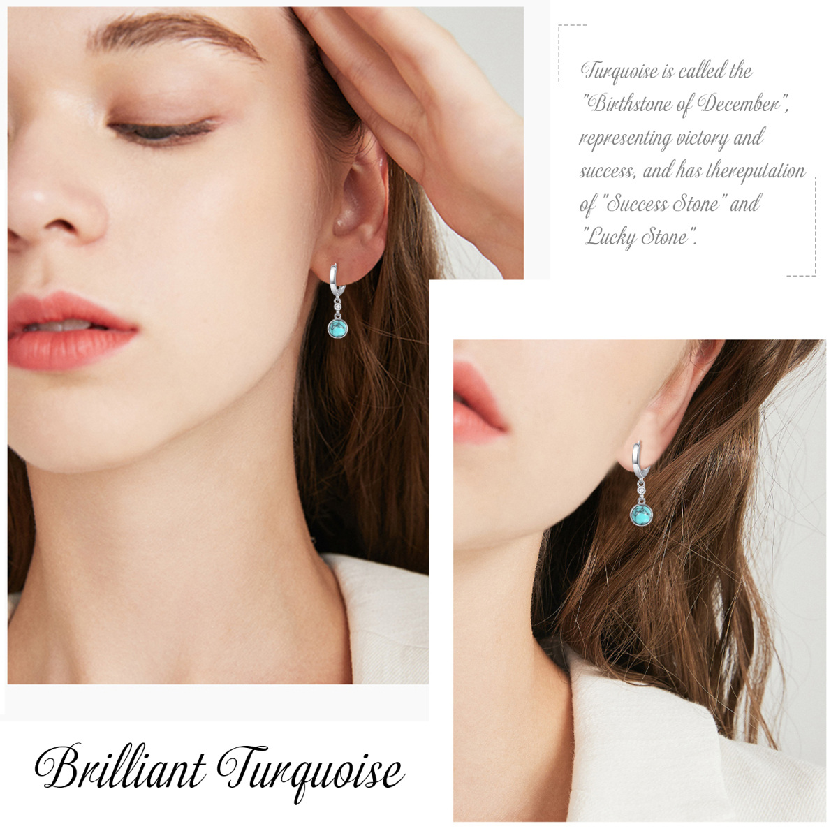 Boucles d'oreilles pendantes en argent sterling avec zircone cubique turquoise ronde pour femmes-3