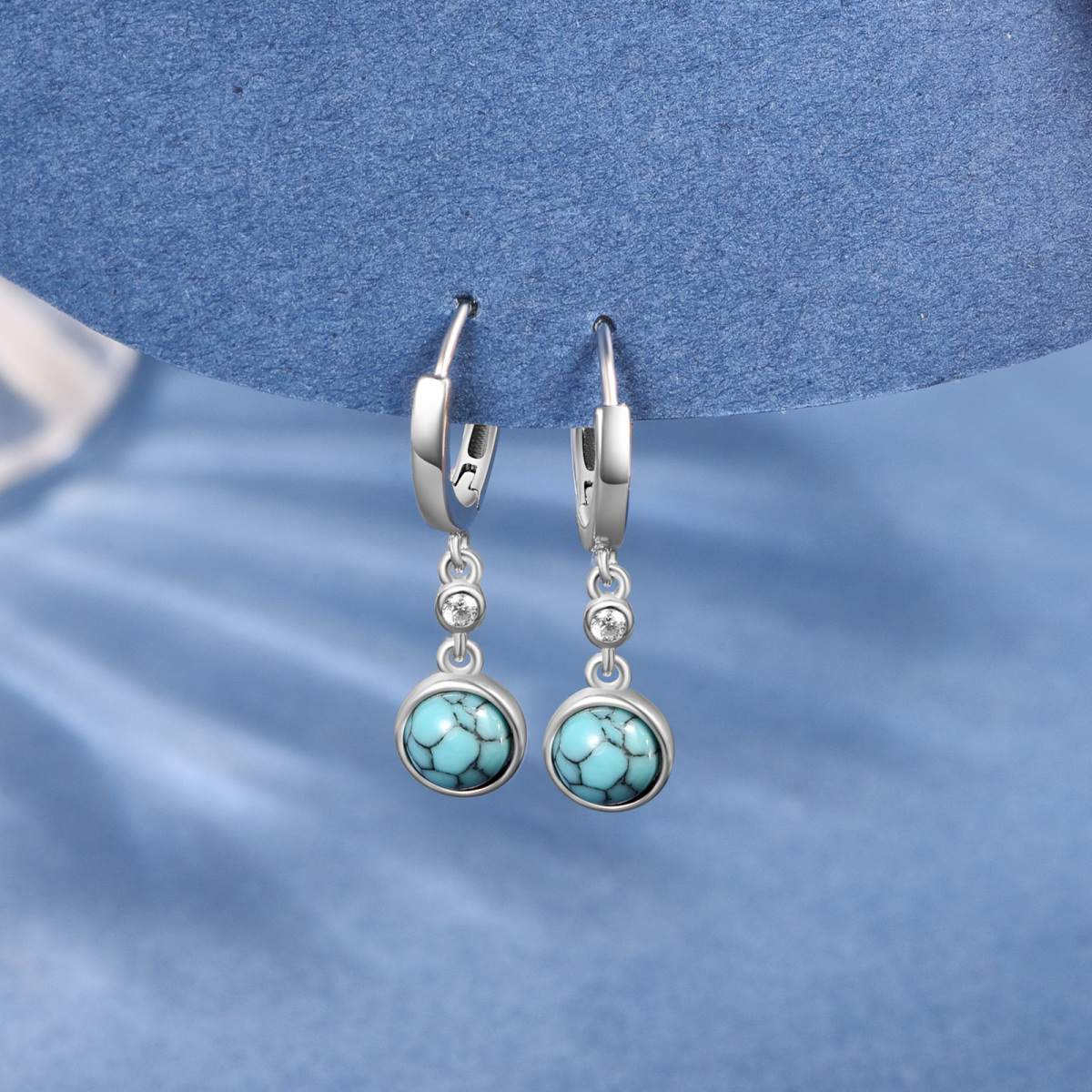 Boucles d'oreilles pendantes en argent sterling avec zircone cubique turquoise ronde pour femmes-4