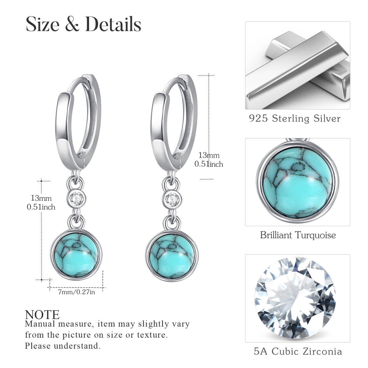 Sterling Silver Round Turquoise Cubic Zirconia Drop Earrings for Women-5