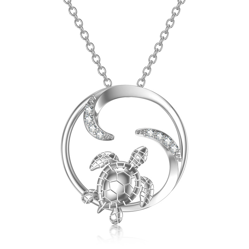 Sterling Silver Round Cubic Zirconia Turtle & Turtle Pendant Necklace-2