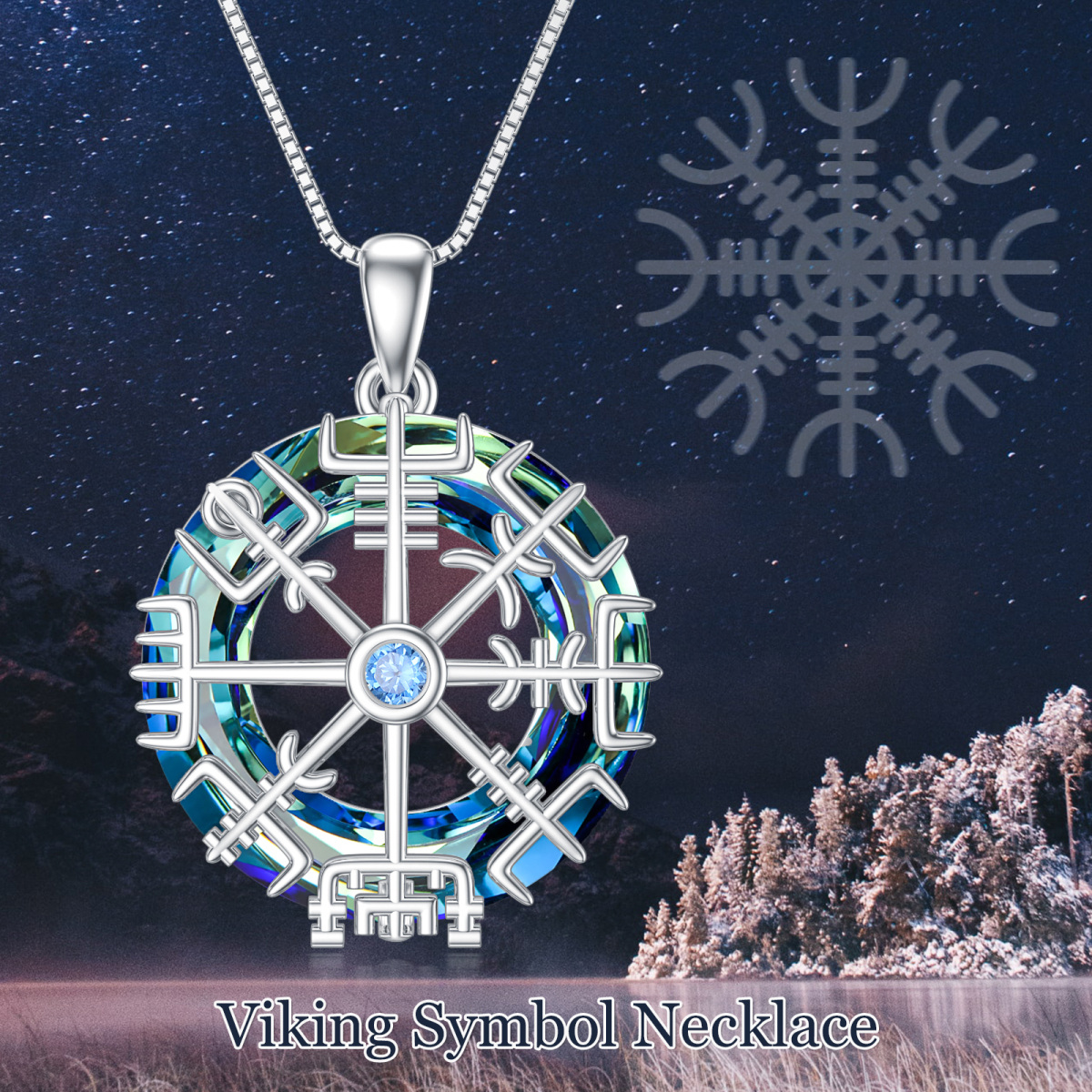 Sterling Silver Round Viking Rune Crystal Pendant Necklace-5