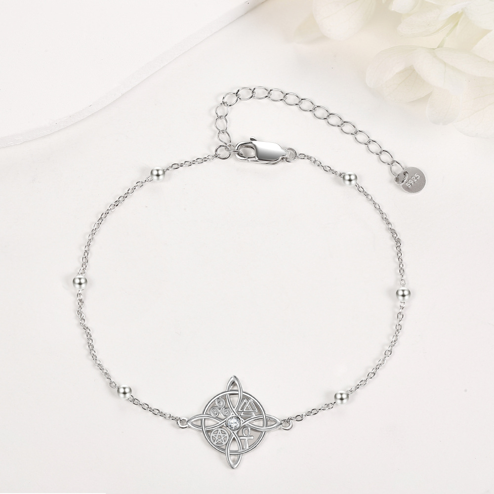 Sterling Silver Round Cubic Zirconia Witches Knot Charm Bracelet-3