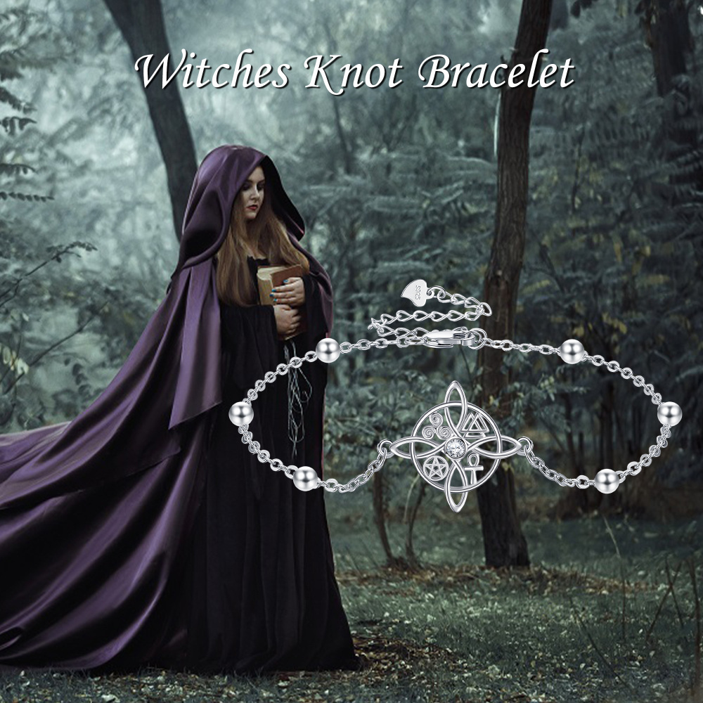 Sterling Silver Round Cubic Zirconia Witches Knot Charm Bracelet-5