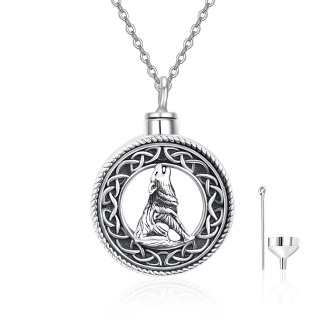 Sterling Silver Round Wolf Pendant Necklace-21