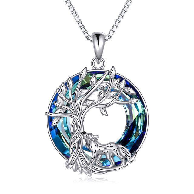 Sterling Silver Round Wolf & Tree Of Life Crystal Pendant Necklace-1