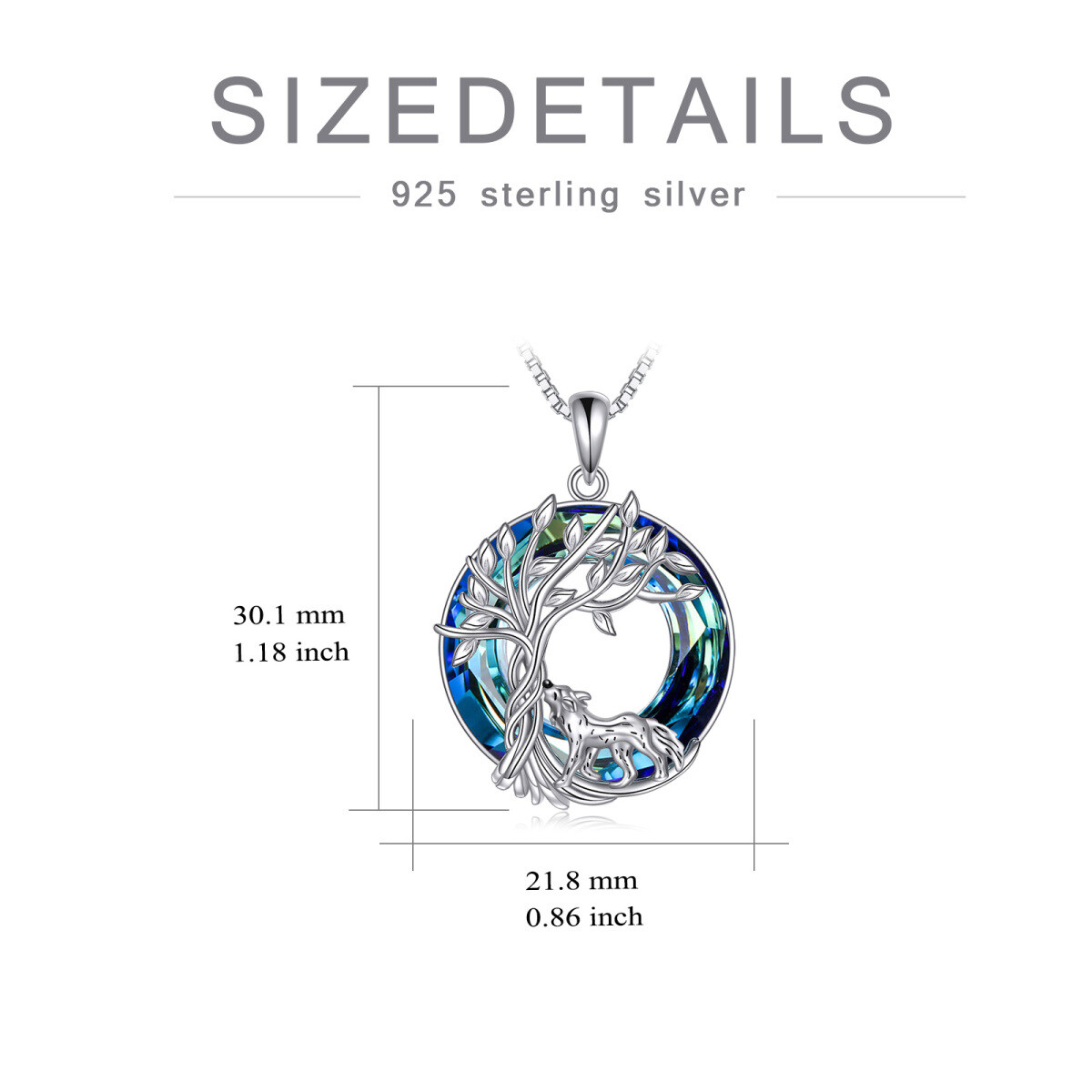 Sterling Silver Round Wolf & Tree Of Life Crystal Pendant Necklace-3