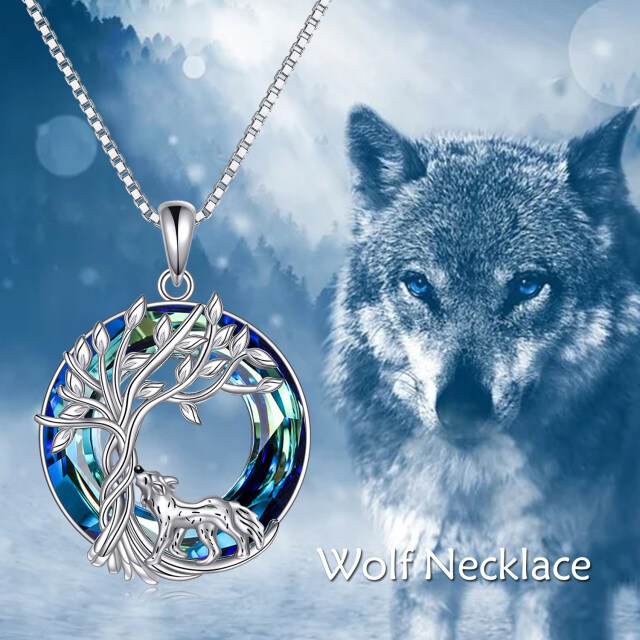 Sterling Silver Round Wolf & Tree Of Life Crystal Pendant Necklace-4