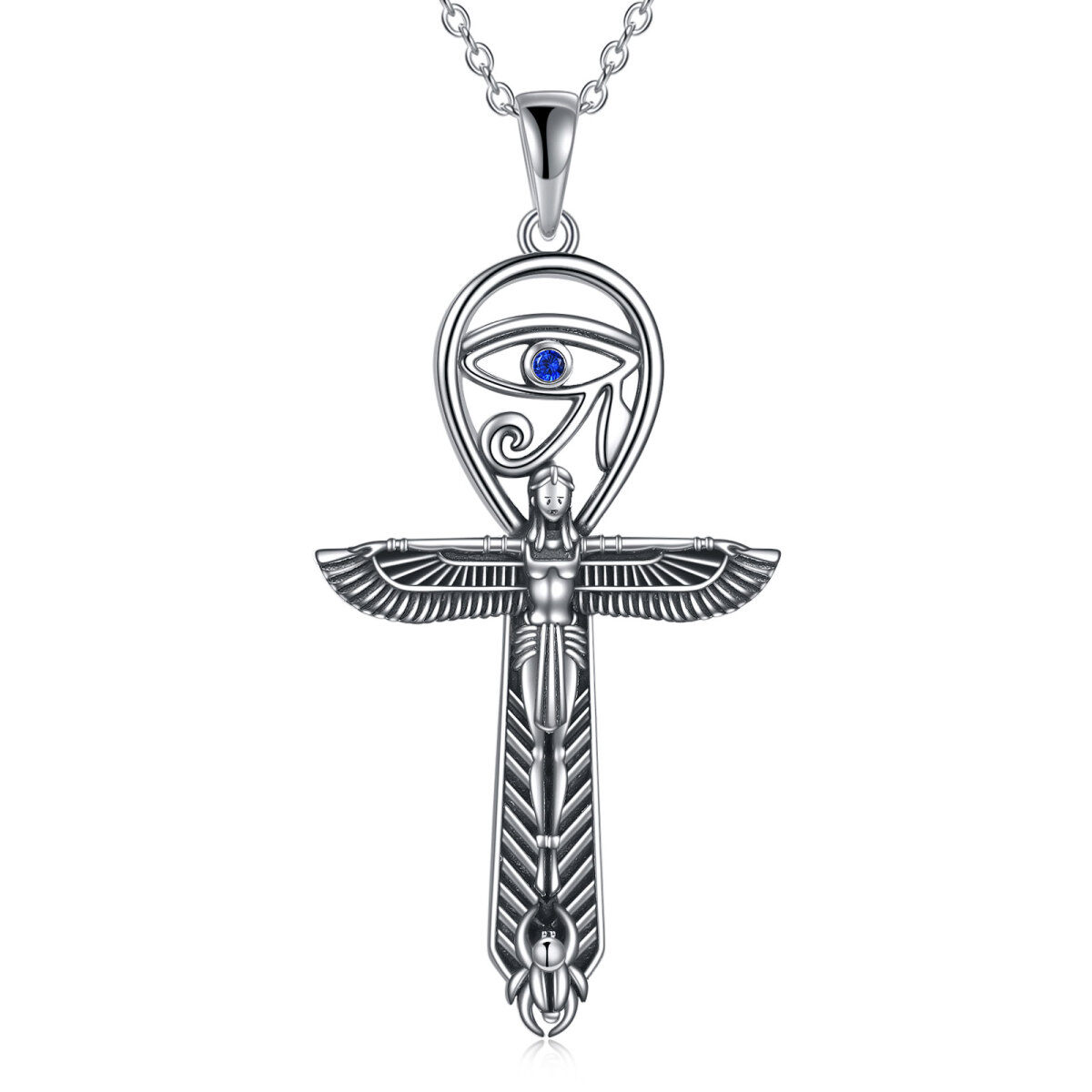 Collar con colgante de ala de ángel de circonita redonda de plata de ley con colgante de mal de ojo Ankh para mujer-1