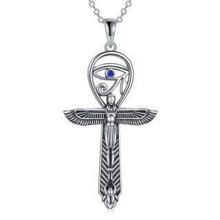 Sterling Silver Round Zircon Angel Wing With Ankh Evil Eye Pendant Necklace For Women-4