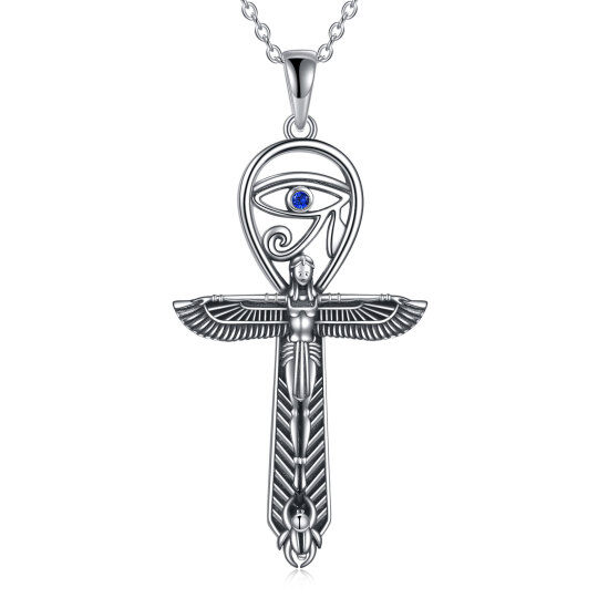 Sterling Silver Round Zircon Angel Wing With Ankh Evil Eye Pendant Necklace For Women