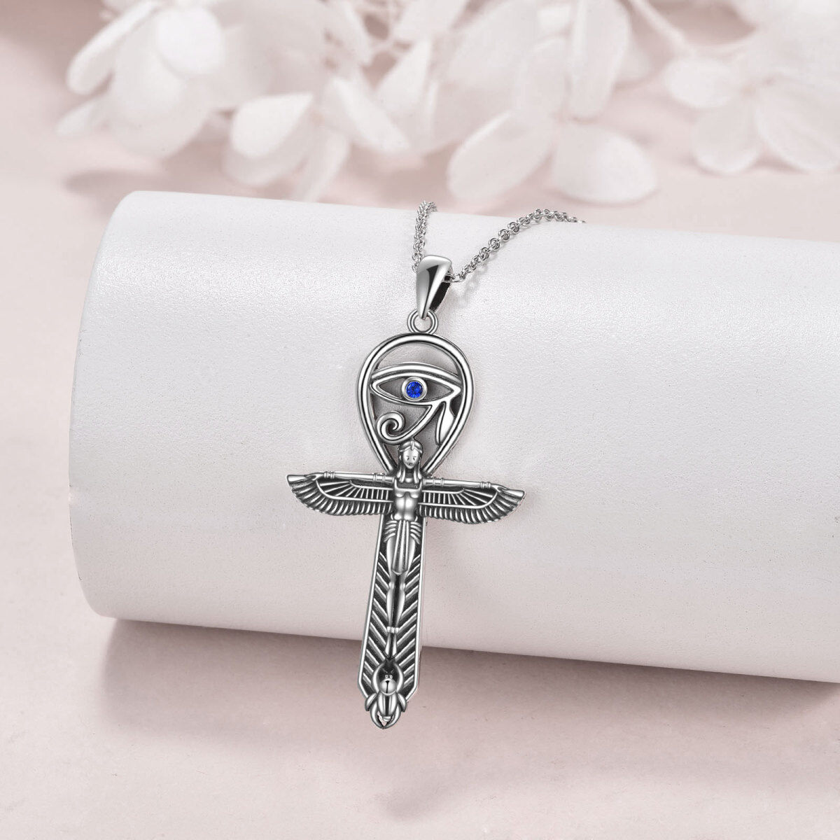 Sterling Silver Round Zircon Angel Wing With Ankh Evil Eye Pendant Necklace For Women-3