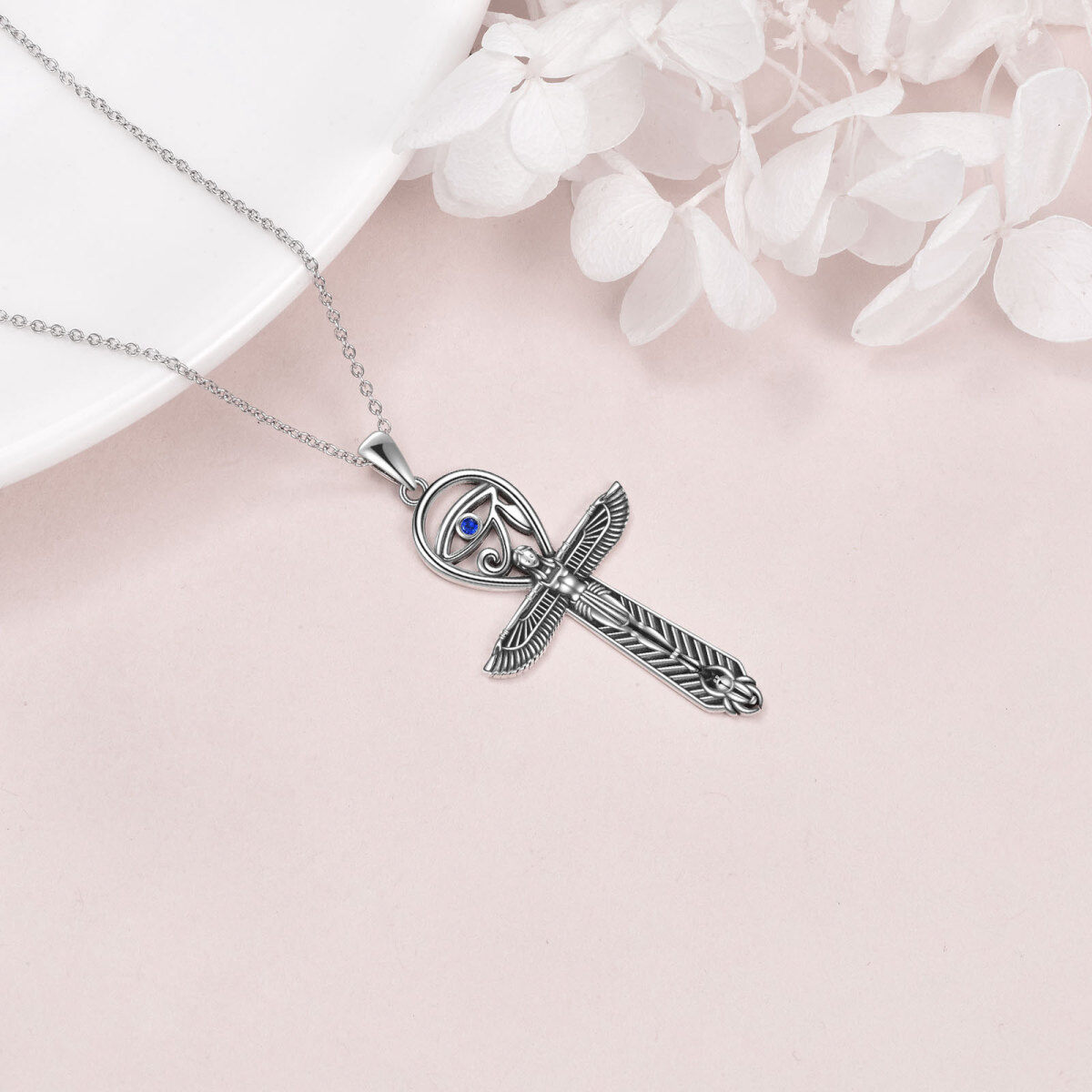 Collier pendentif rond en argent sterling avec pendentif aile d'ange Ankh mauvais œil et zircon-4