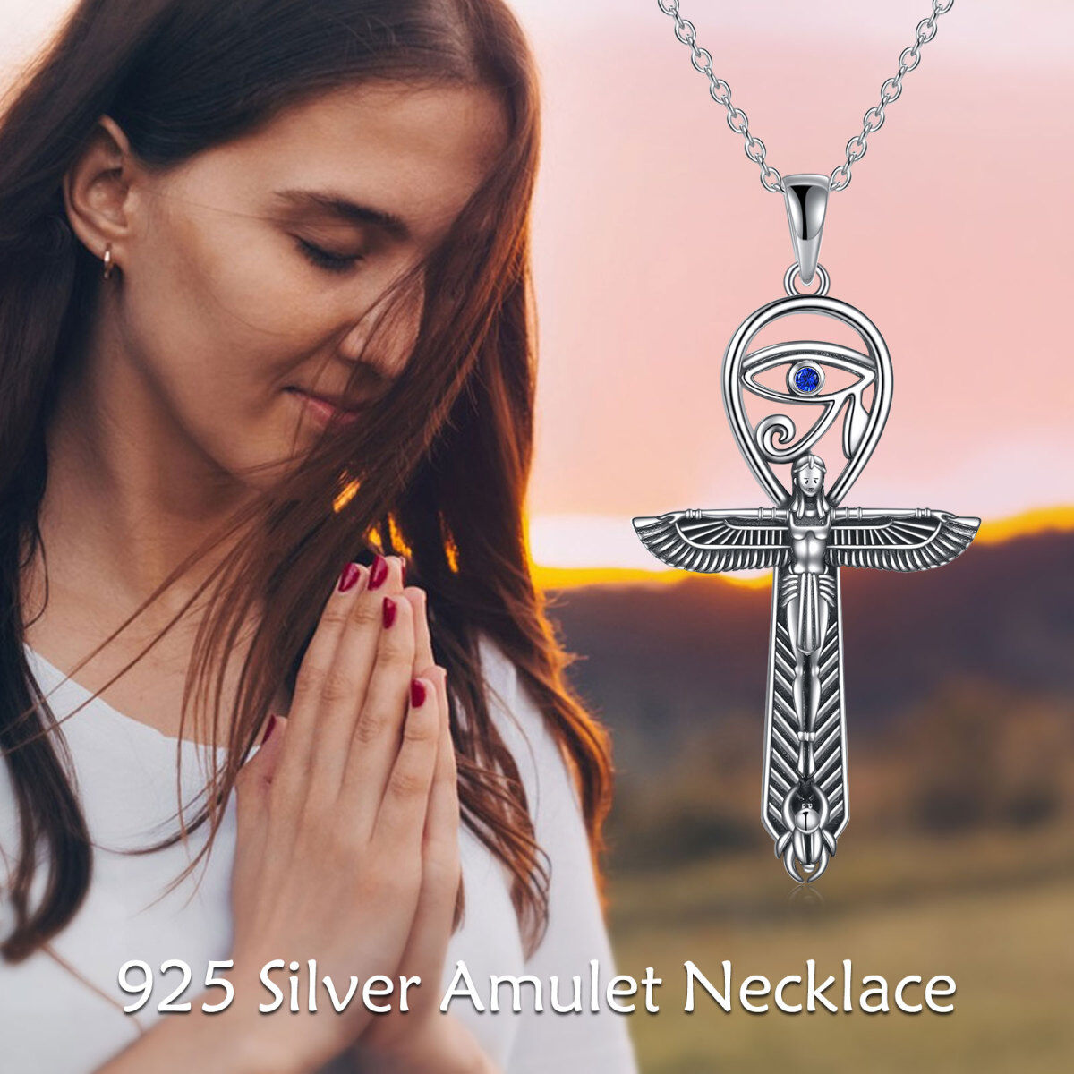 Sterling Silver Round Zircon Angel Wing With Ankh Evil Eye Pendant Necklace For Women-6