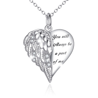 Sterling Silver Round Zircon Angel Wing & Heart Pendant Necklace with Engraved Word-4