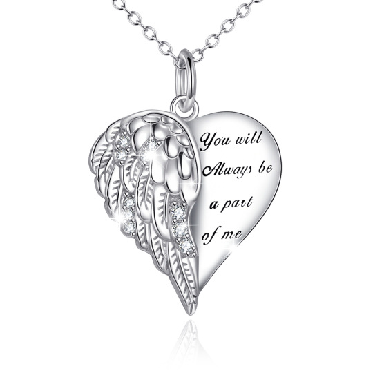 Sterling Silver Round Zircon Angel Wing & Heart Pendant Necklace with Engraved Word