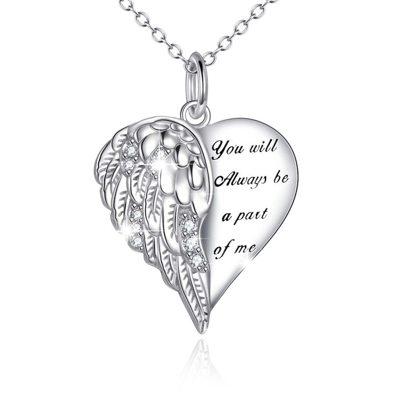 Sterling Silver Round Zircon Angel Wing & Heart Pendant Necklace with Engraved Word-12