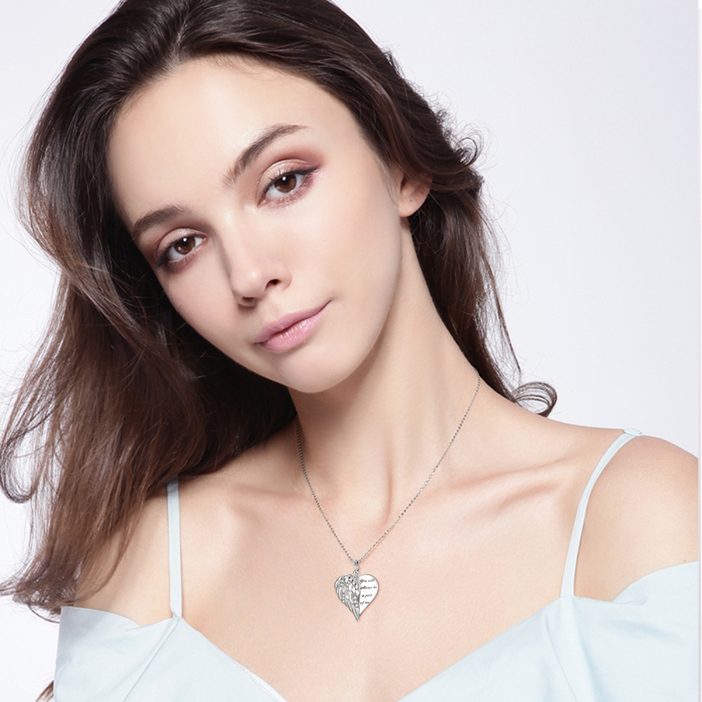 Sterling Silver Round Zircon Angel Wing & Heart Pendant Necklace with Engraved Word-2