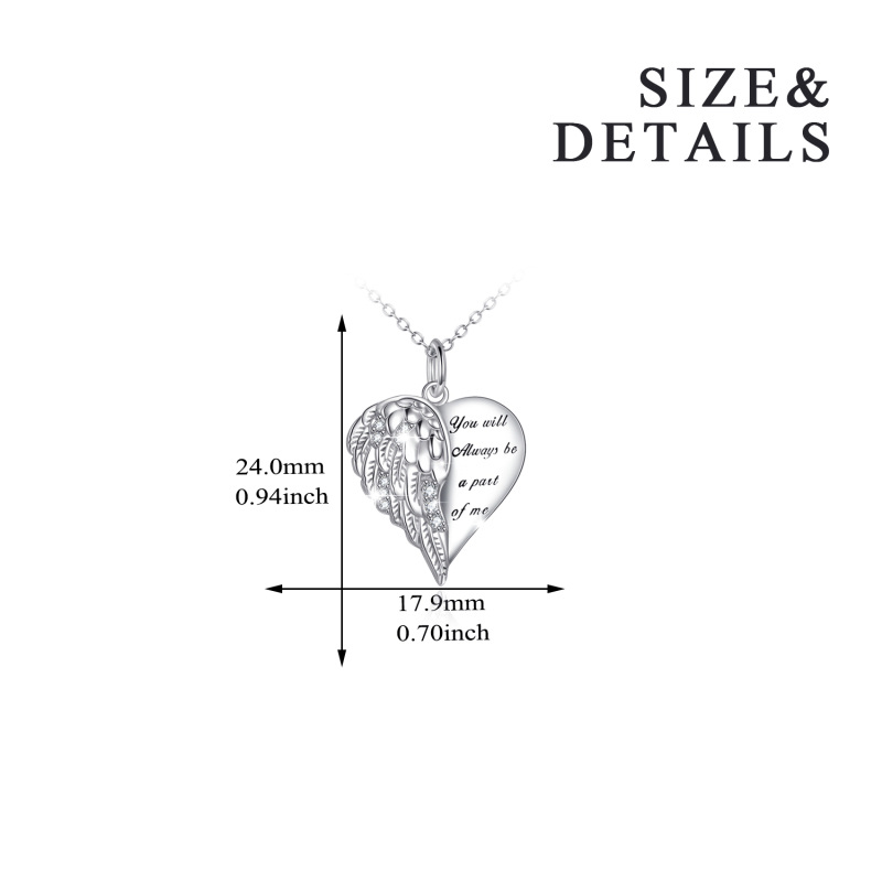 Sterling Silver Round Zircon Angel Wing & Heart Pendant Necklace with Engraved Word-3