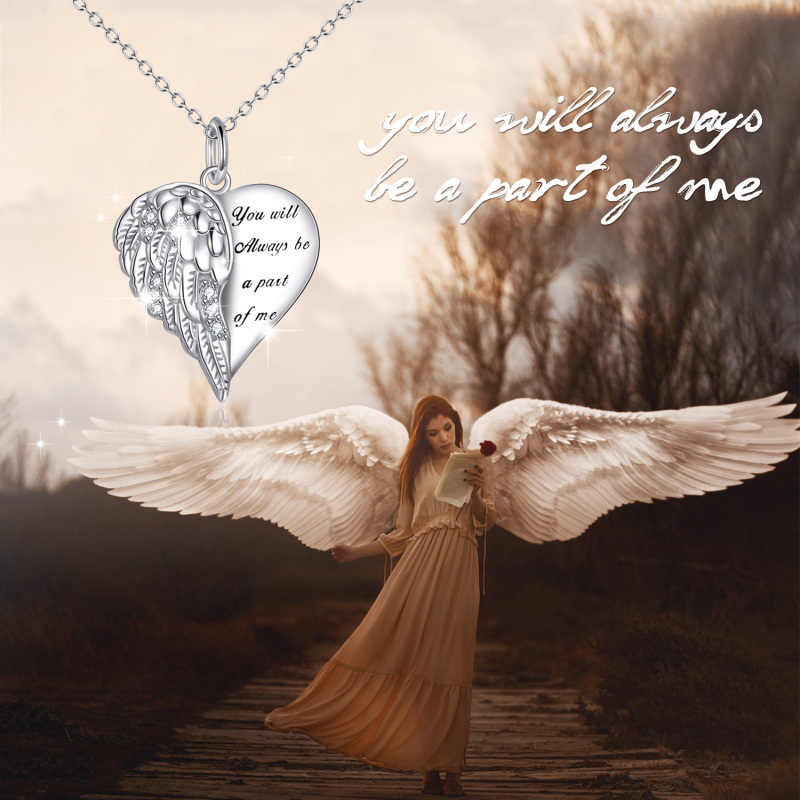 Sterling Silver Round Zircon Angel Wing & Heart Pendant Necklace with Engraved Word-4
