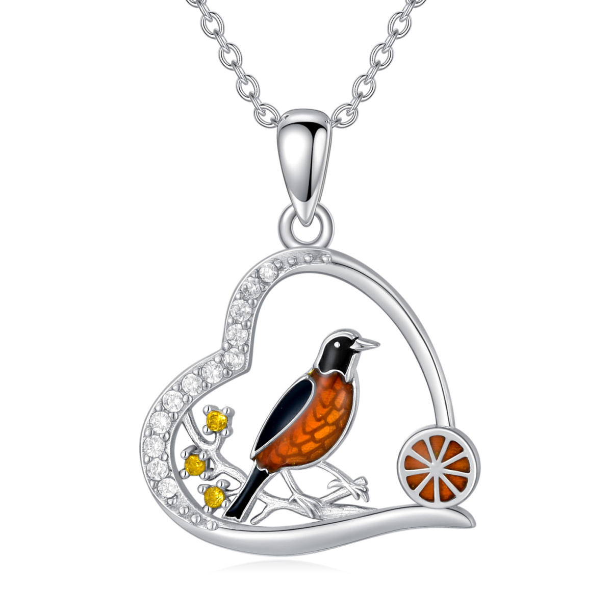 Collana con ciondolo a cuore e uccello con zircone rotondo in argento sterling-1