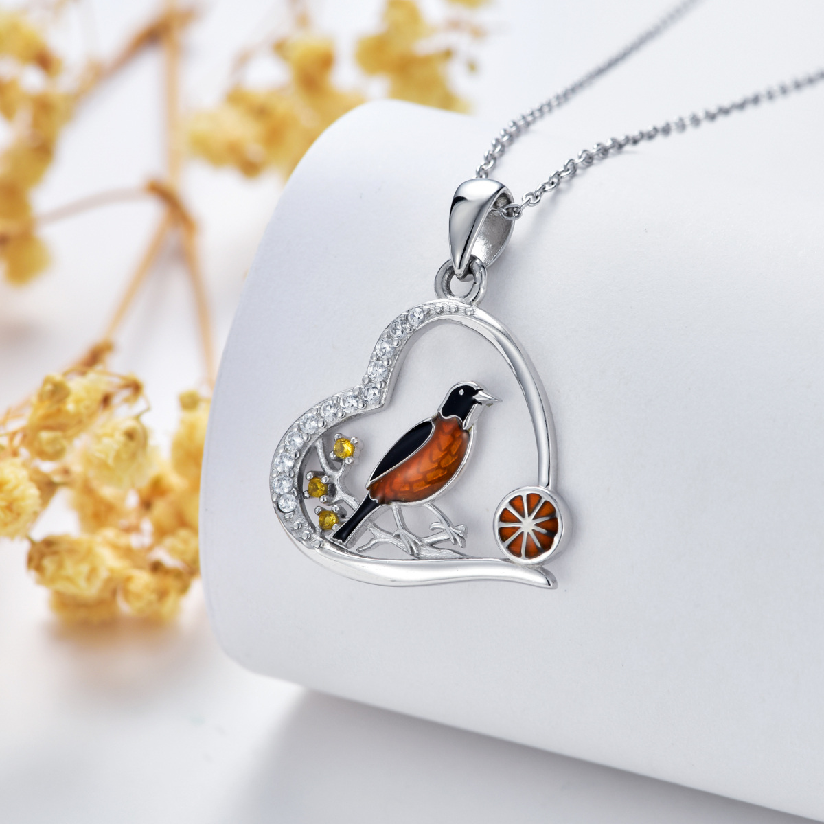 Sterling Silver Round Zircon Bird & Heart Pendant Necklace-3