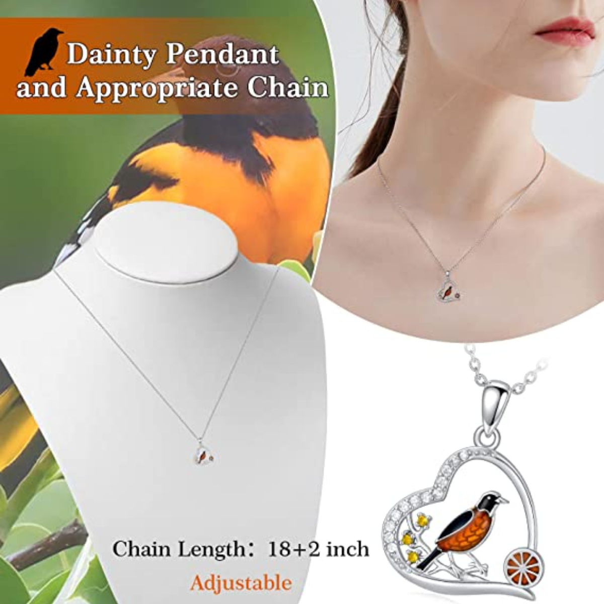 Sterling Silver Round Zircon Bird & Heart Pendant Necklace-6