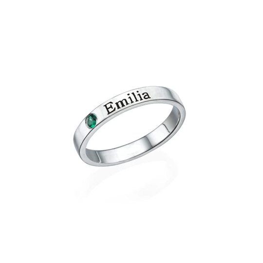 Ring aus Sterlingsilber mit rundem Zirkon und personalisierter Geburtssteingravur für Frauen