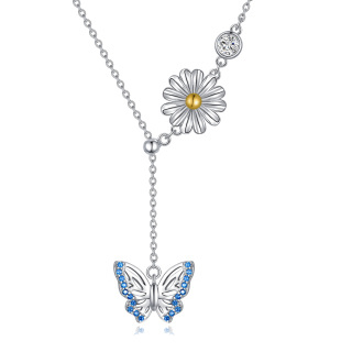 Sterling Silver Round Zircon Butterfly & Daisy Adjustable Y Necklace-2