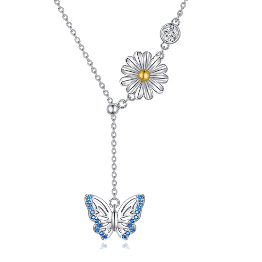 Sterling Silver Round Zircon Butterfly & Daisy Adjustable Y Necklace