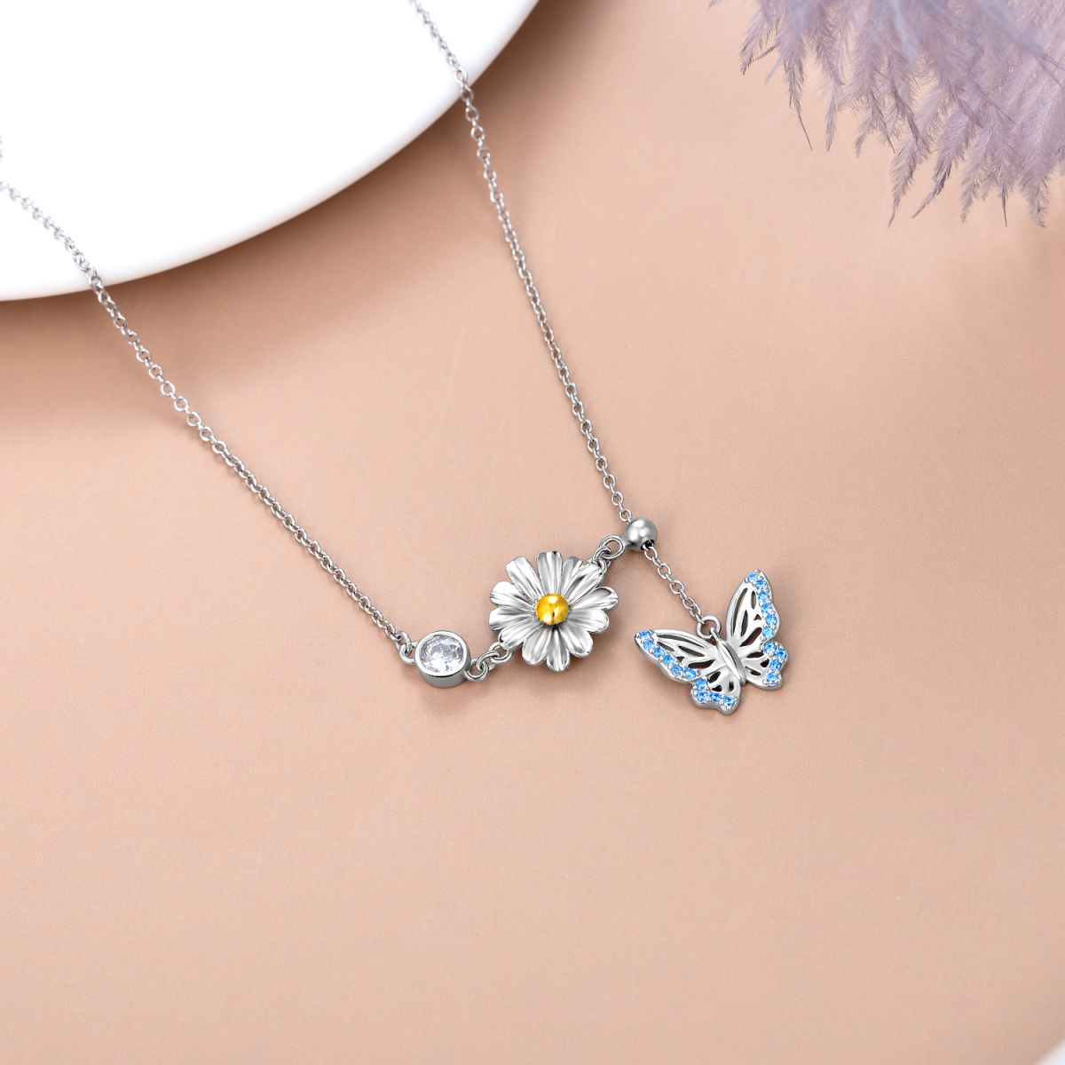 Sterling Silver Round Zircon Butterfly & Daisy Adjustable Y Necklace-3