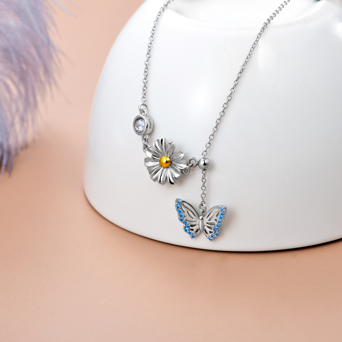 Sterling Silver Round Zircon Butterfly & Daisy Adjustable Y Necklace-4