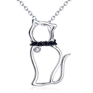 Sterling Silver Round Zircon Cat Pendant Necklace-19