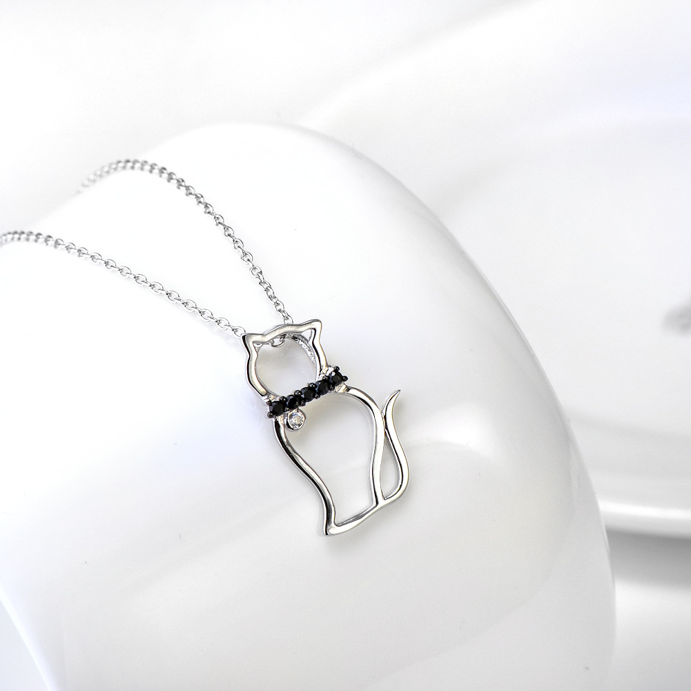 Sterling Silver Round Zircon Cat Pendant Necklace-3