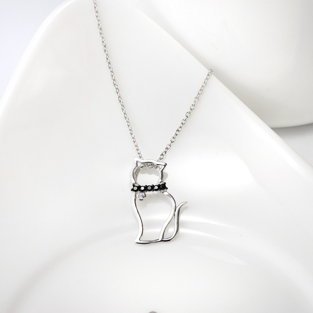 Sterling Silver Round Zircon Cat Pendant Necklace-4