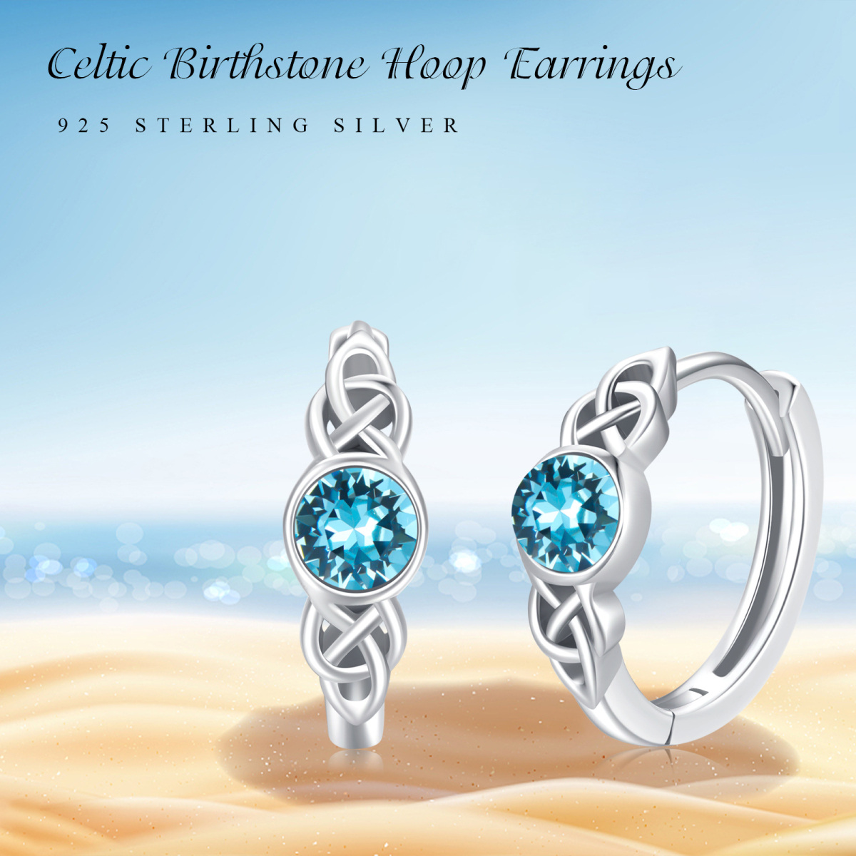 Sterling Silver Sapphire Cubic Zirconia Celtic Knot Hoop Earrings for Women-5