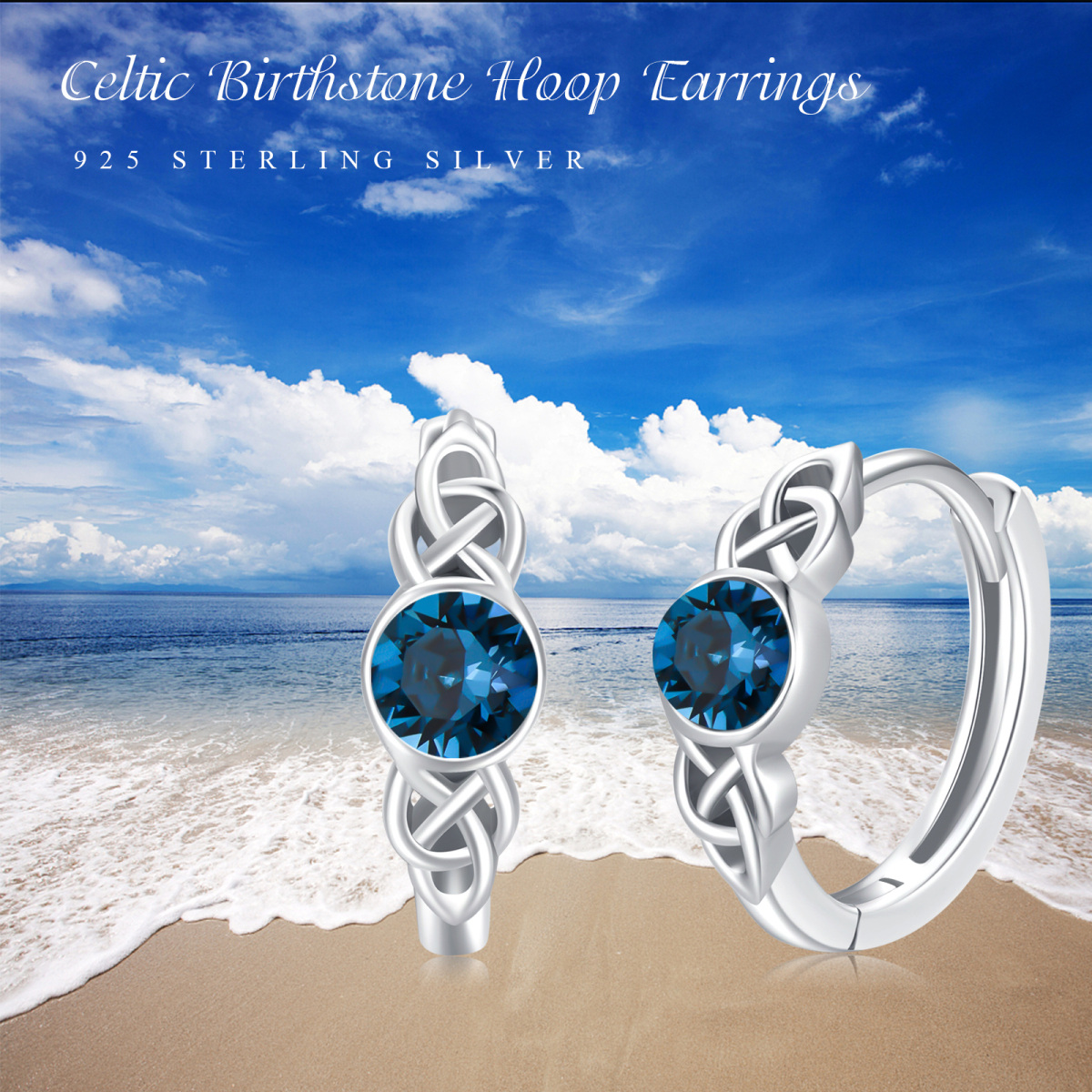 Sterling Silver Lake Blue Cubic Zirconia Celtic Knot Hoop Earrings for Women-6