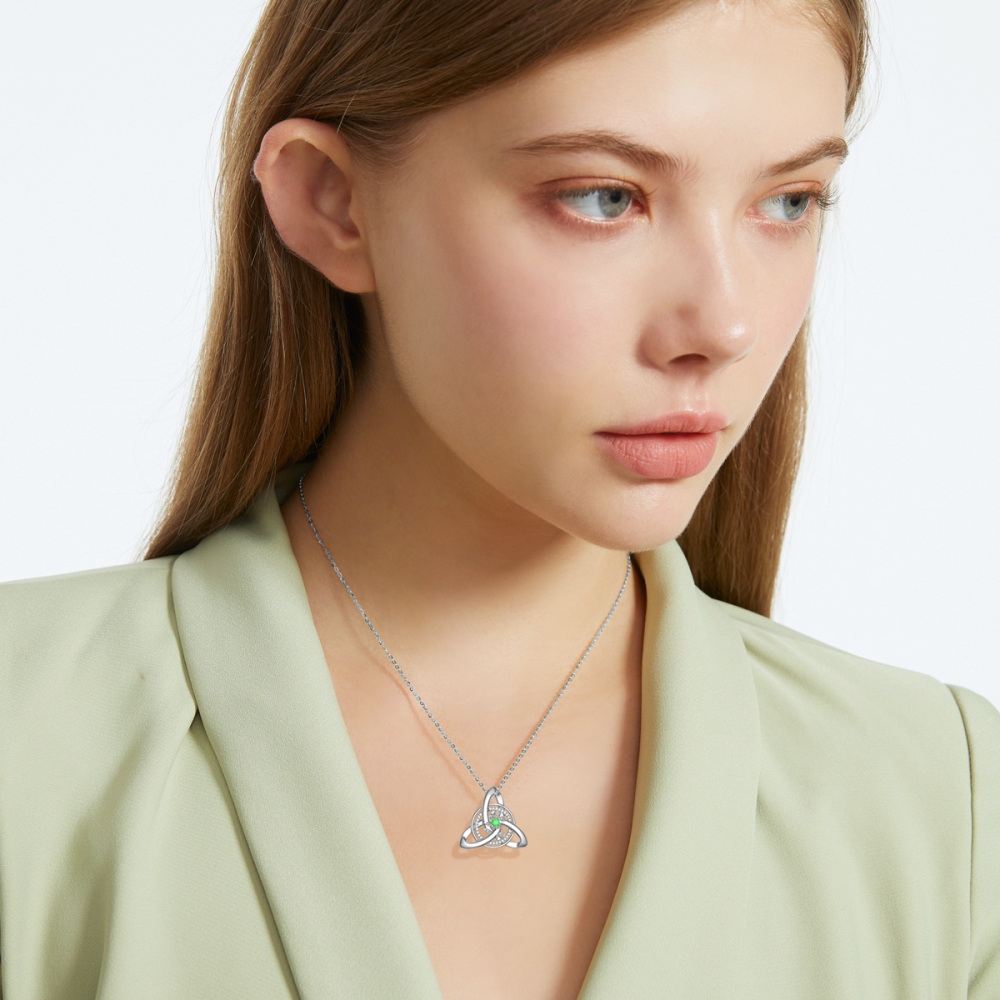 Sterling Silver Round Zircon Celtic Knot Pendant Necklace-2
