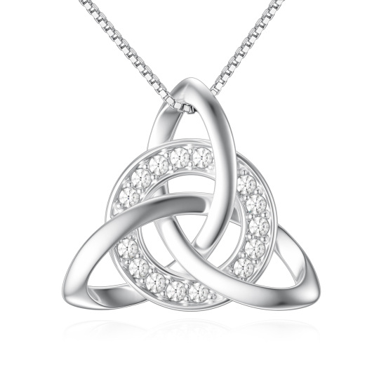 Sterling Silver Round Zircon Celtic Knot Triforce Pendant Necklace