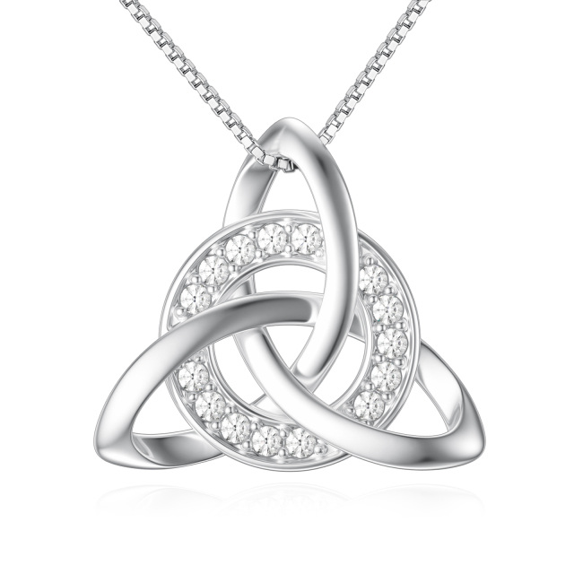 Sterling Silver Round Zircon Celtic Knot Triforce Pendant Necklace-1