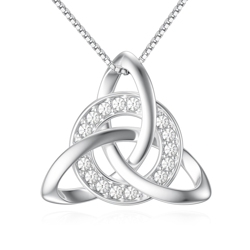 Sterling Silver Round Zircon Celtic Knot Triforce Pendant Necklace-5