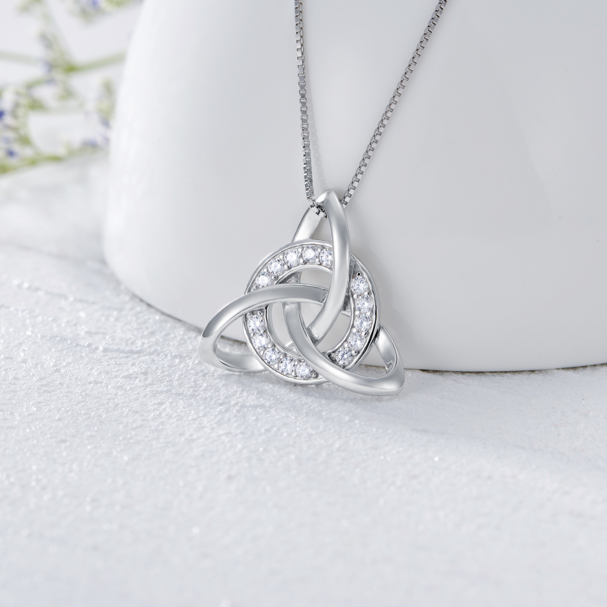 Sterling Silver Round Zircon Celtic Knot Triforce Pendant Necklace-3