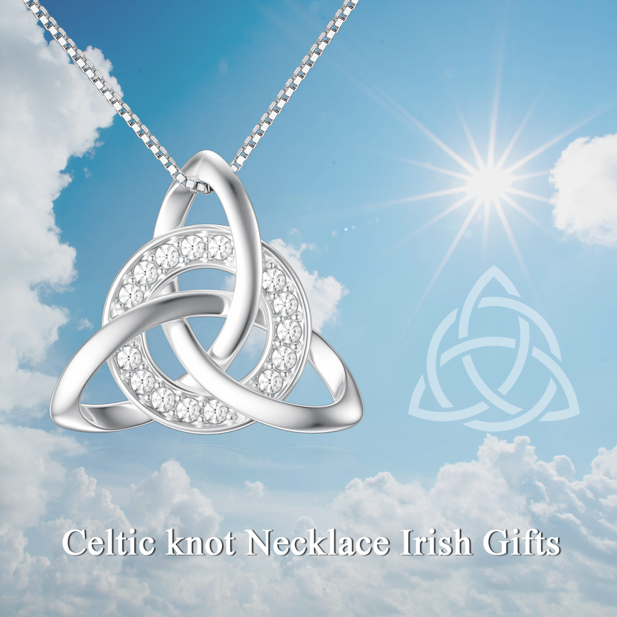 Sterling Silver Round Zircon Celtic Knot Triforce Pendant Necklace-6