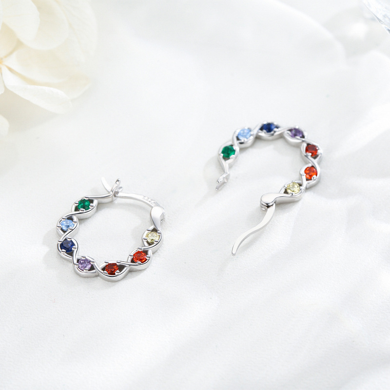 Sterling Silver Round Zircon Chakras Hoop Earrings-3