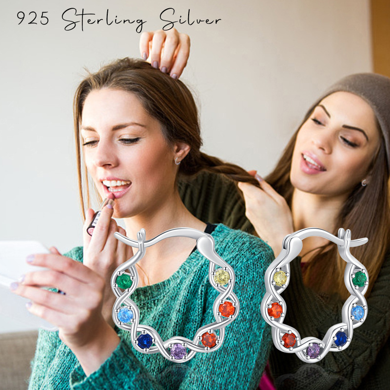 Sterling Silver Round Zircon Chakras Hoop Earrings-5