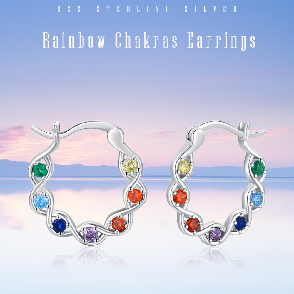 Sterling Silver Round Zircon Chakras Hoop Earrings-6