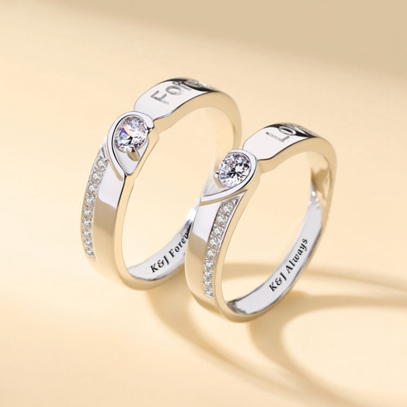 Sterling Silver Round Zircon Personalized Engraving Couple Rings-4