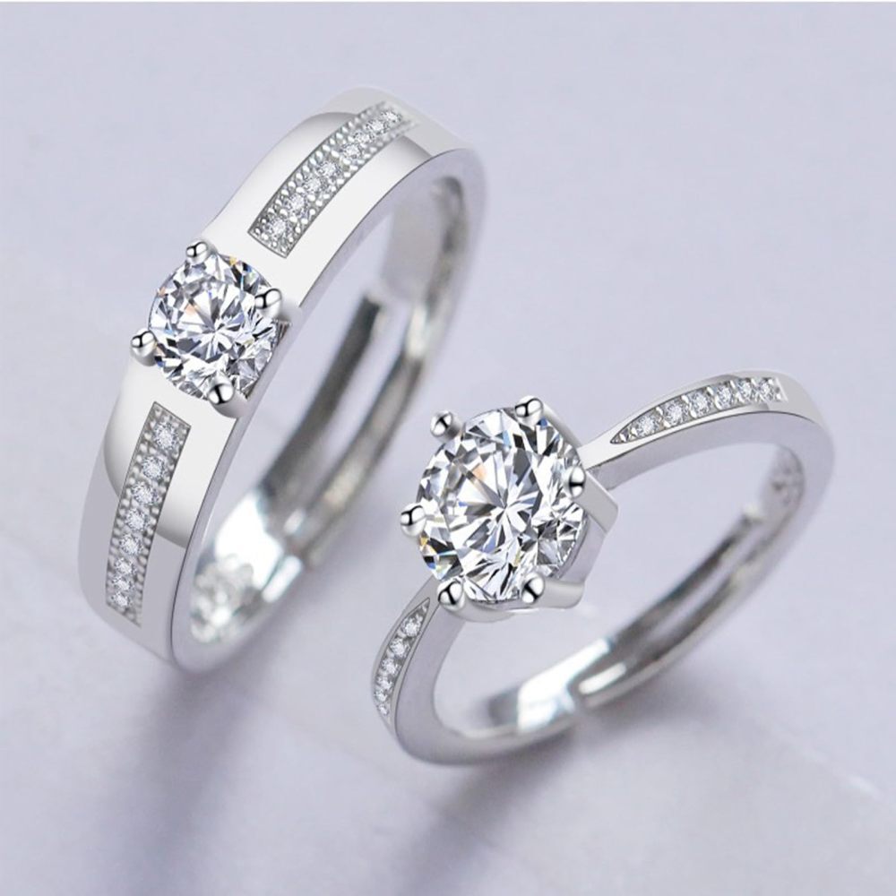 Sterling Silver Round Zircon Couple Couple Rings-4