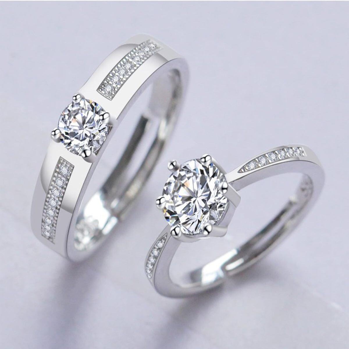 Sterling Silver Round Zircon Couple Couple Rings-4