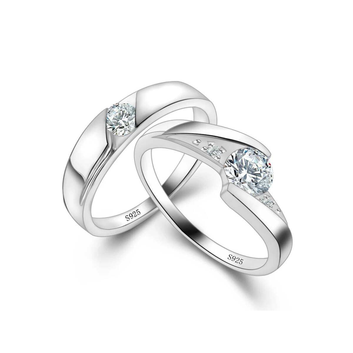 Sterling Silver Round Zircon Couple Rings For Unisex-1